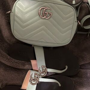 Gucci Mint Green Leather Logo Thong Sandals with Silver Hardware